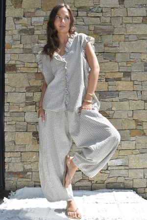 Arbi Gingham Y Blouse Mocha